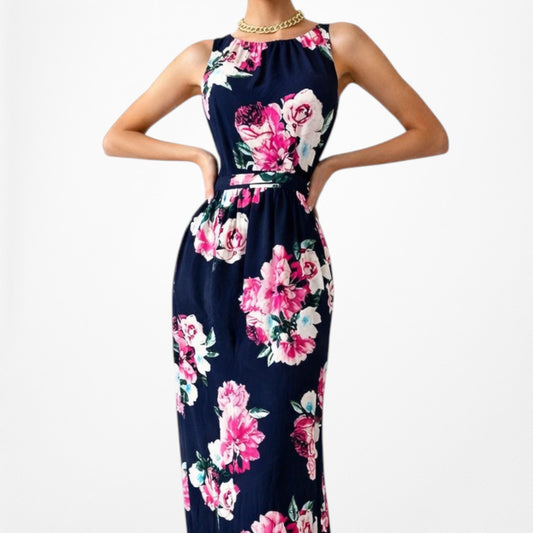 Vintage Y2K Sleeveless Navy Blue Pink Floral Flared Maxi Dress Size M