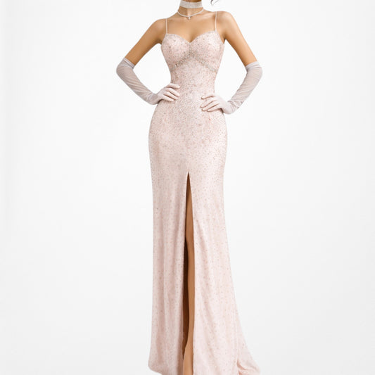 Vintage Pink Peach Beaded Thigh High Slit Fit Flared Maxi Formal Prom Cocktail Dress Size M