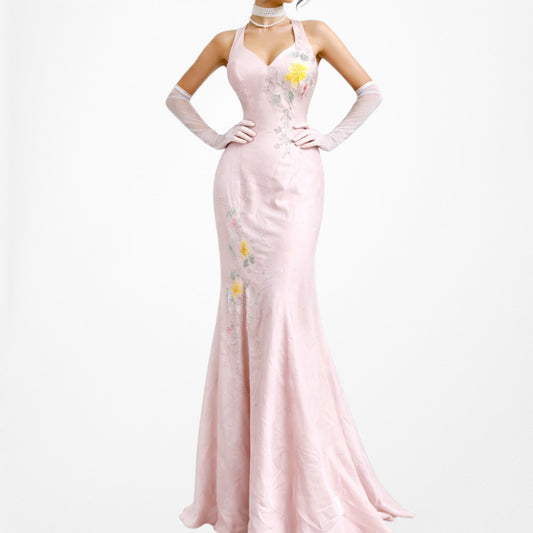 Vintage Pastel Pink Floral Beaded Fit Flared Maxi Formal Prom Dress Size S