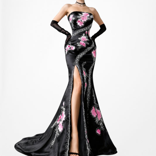 Vintage Black Pink Strapless Floral Beaded Satin Maxi Dress Size S/M