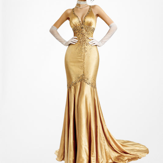 Vintage Yellow Gold Beaded Fit Flared Maxi Satin Formal Prom Dress Size S/M