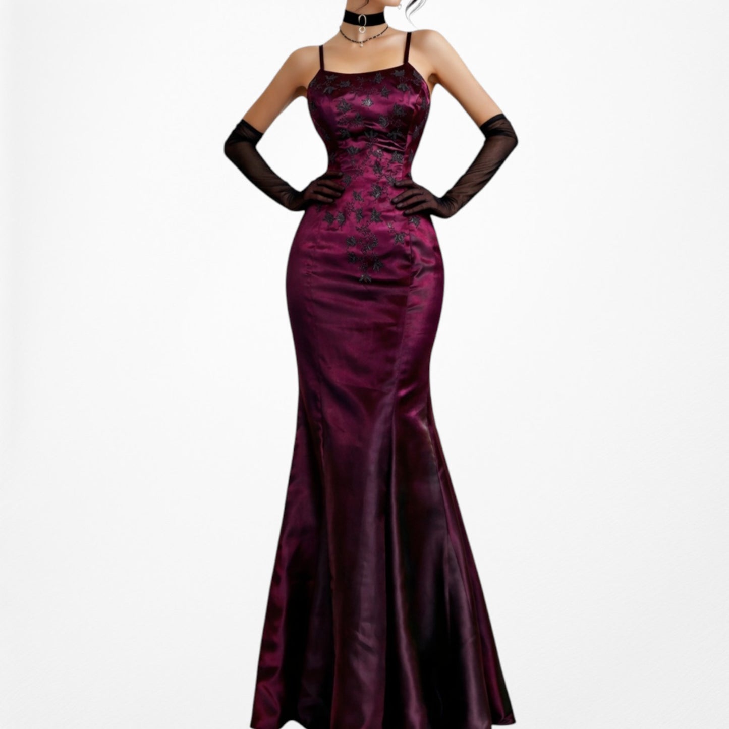 Vintage Burgundy Red Satin Beaded Fit Flared Maxi Prom Dress Size S