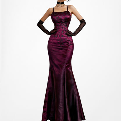 Vintage Burgundy Red Satin Beaded Fit Flared Maxi Prom Dress Size S