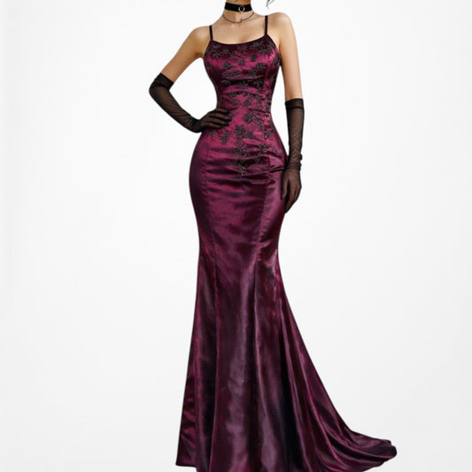 Vintage Burgundy Red Satin Beaded Fit Flared Maxi Prom Dress Size S