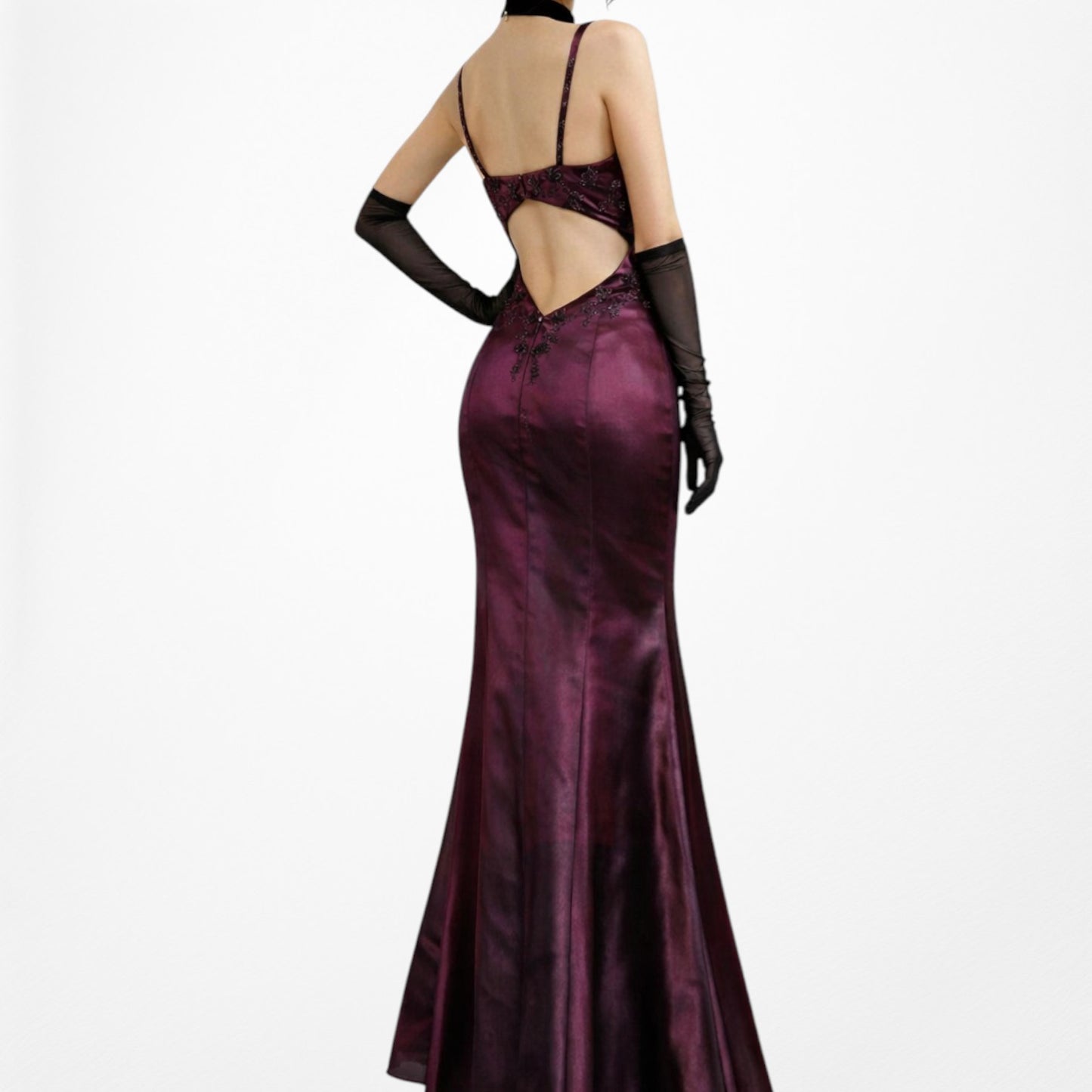 Vintage Burgundy Red Satin Beaded Fit Flared Maxi Prom Dress Size S