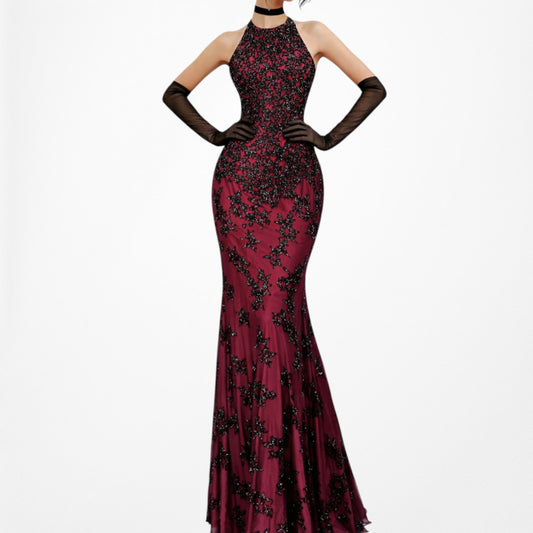 Vintage Burgundy Red Black Floral Beaded Fit Flared Maxi Formal Prom Dress Size S/M