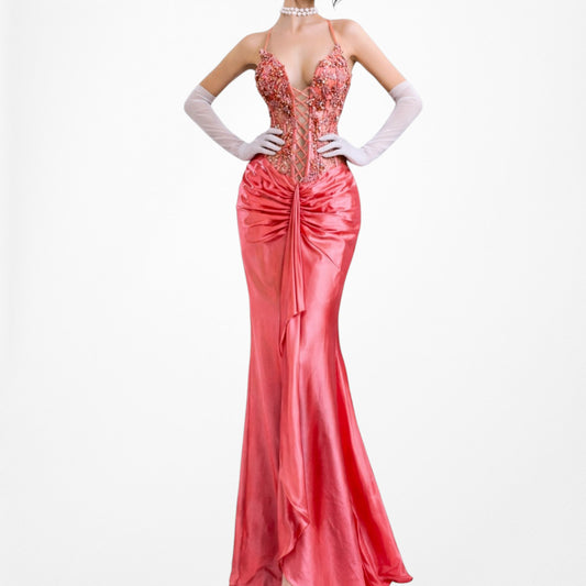 Vintage Pink Silk Floral Beaded Bustier Corset Ruffle Prom Dress Size M