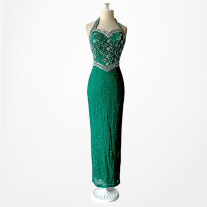 Vintage Green Beaded Halter Neck Bodycon Maxi Prom Dress Size XS/S