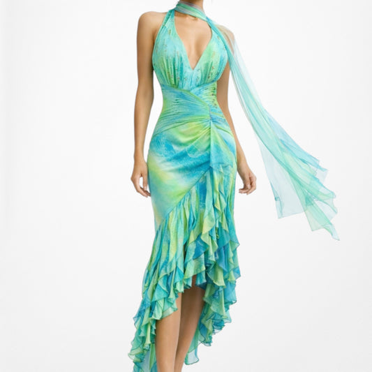 Vintage Y2K Blue Green Halter Neck Ruffle Beaded Midi Dress Size S/M