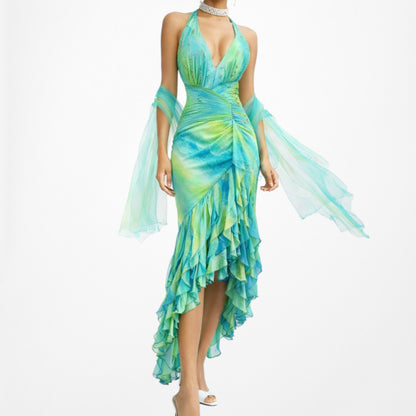 Vintage Y2K Blue Green Halter Neck Ruffle Beaded Midi Dress Size S/M