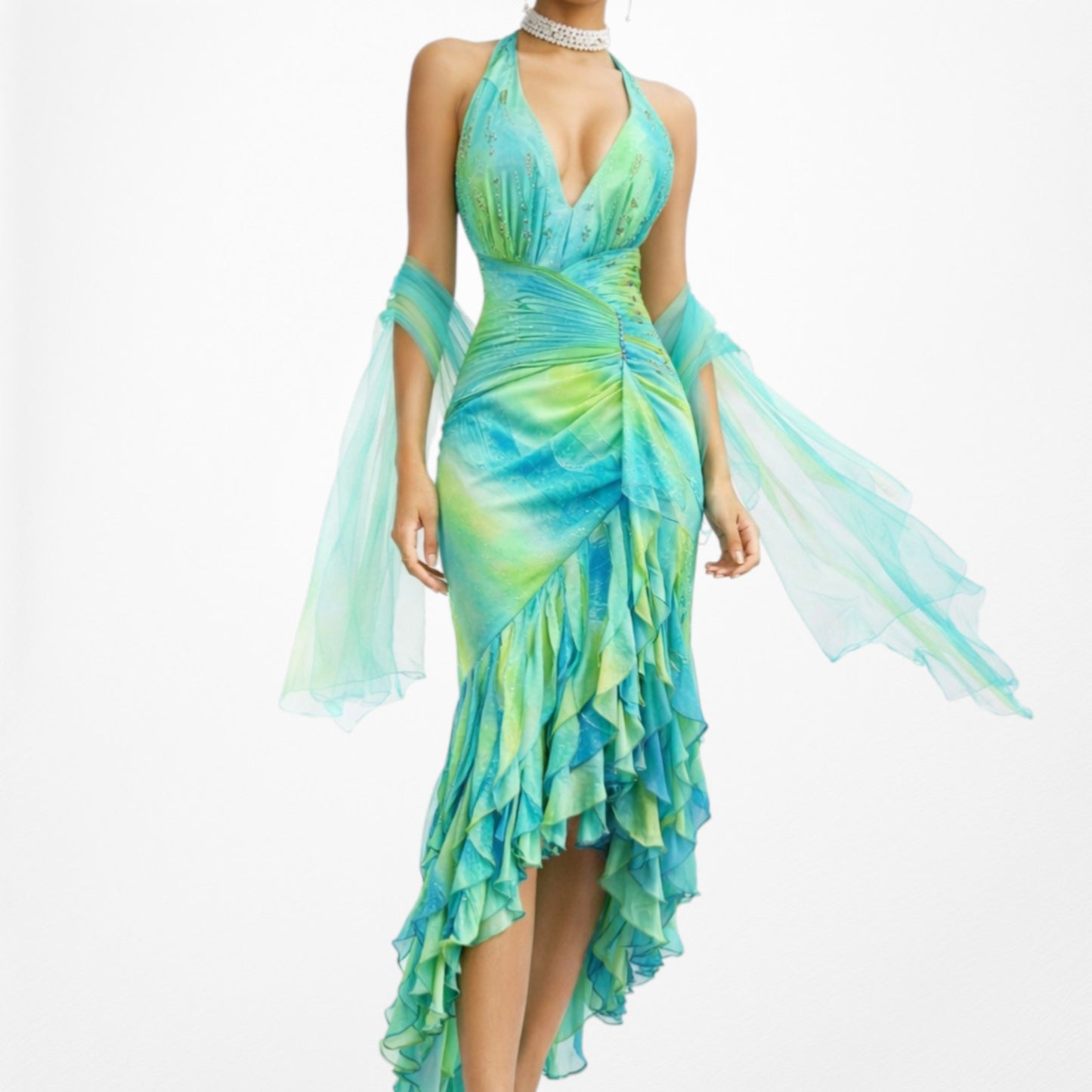 Vintage Y2K Blue Green Halter Neck Ruffle Beaded Midi Dress Size S/M