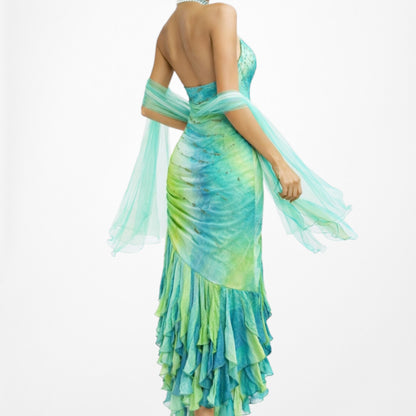 Vintage Y2K Blue Green Halter Neck Ruffle Beaded Midi Dress Size S/M