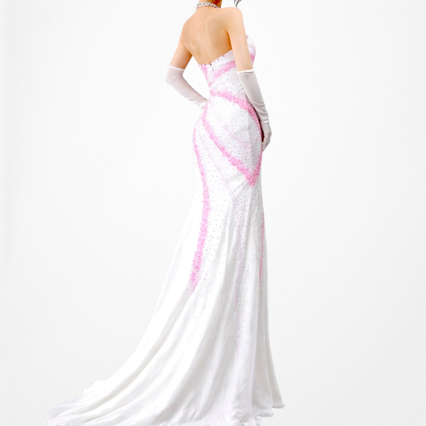 Vintage White Pink Beaded Strapless Bodycon Maxi Prom Dress Size S/M