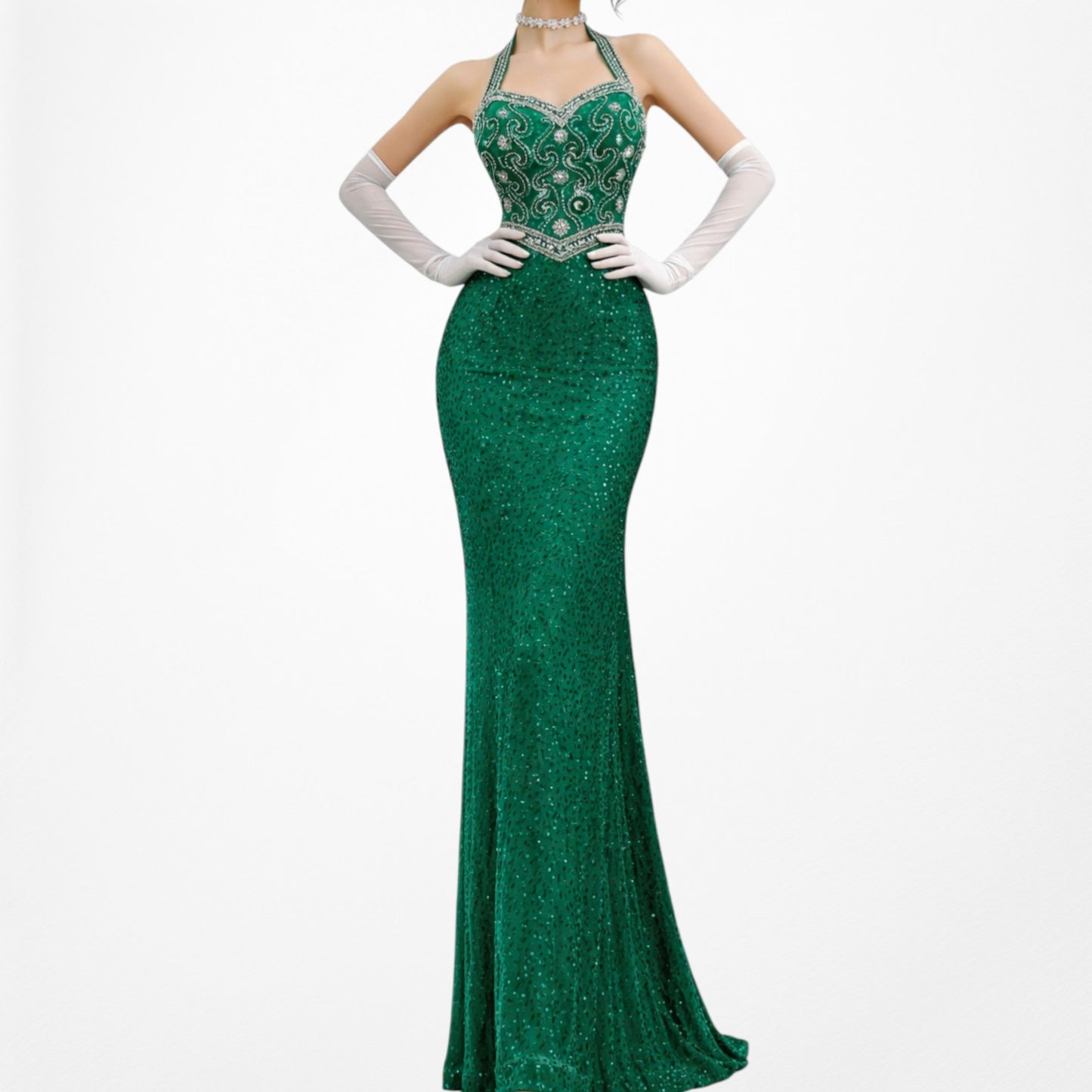 Vintage Green Beaded Halter Neck Bodycon Maxi Prom Dress Size XS/S
