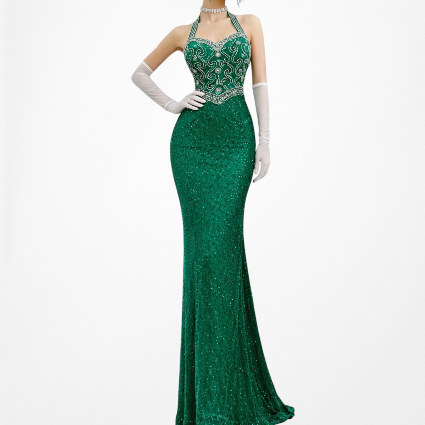 Vintage Green Beaded Halter Neck Bodycon Maxi Prom Dress Size XS/S