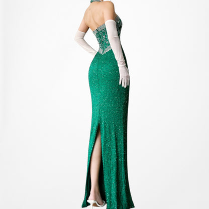 Vintage Green Beaded Halter Neck Bodycon Maxi Prom Dress Size XS/S