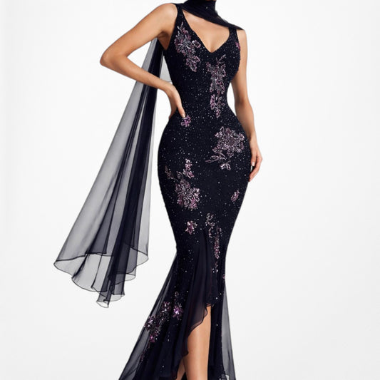 Vintage Black Purple Floral Beaded Silk Ruffle Midi Cocktail Prom Formal Dress Size S