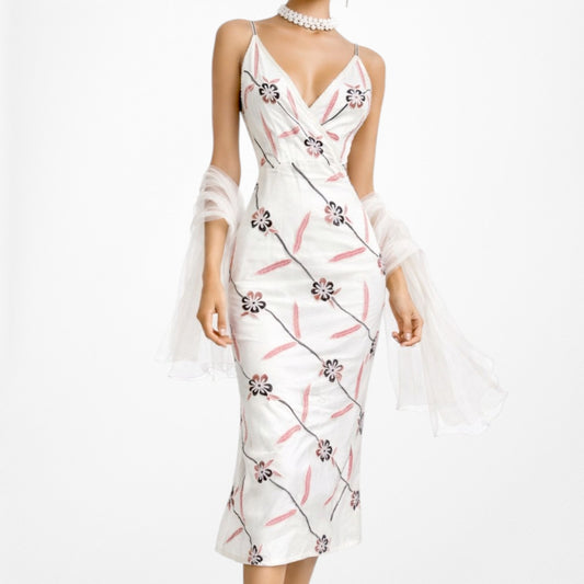 Vintage Pink Silk Floral Beaded Midi Bodycon Formal Cocktail Dress Size S