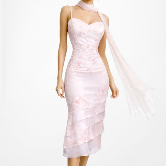 Vintage Y2K Pastel Pink Floral Beaded Knee Length Bodycon Prom Dress Size XL/XXL