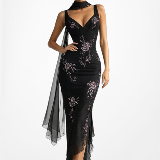 Vintage Black Silk Floral Beaded Embroidered Midi Ruffle Cocktail Prom Dress Size S/M