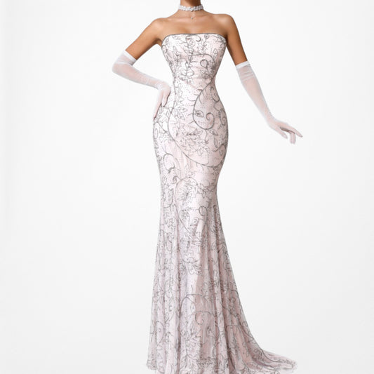 Vintage Y2K Pastel Pink Strapless Floral Beaded Silk Bodycon Maxi Prom Dress Size M