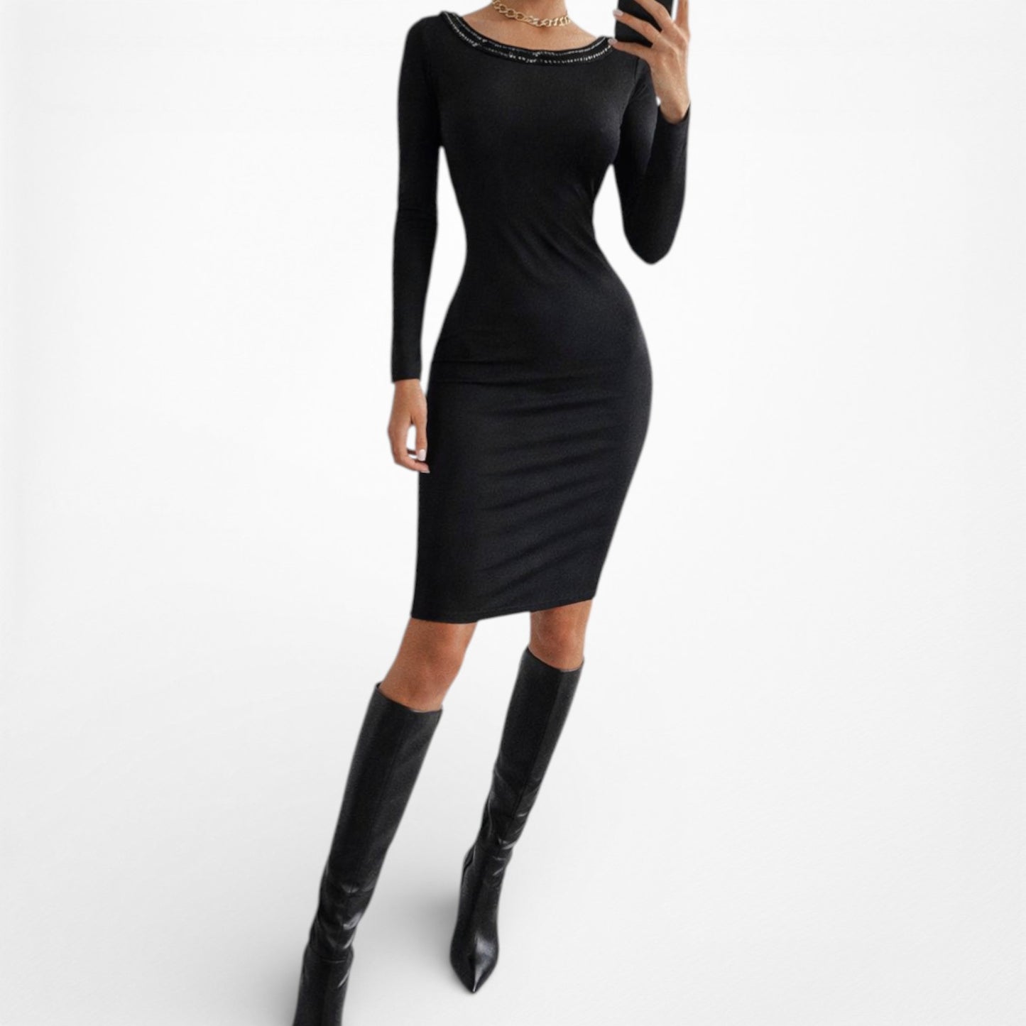 Vintage Y2K Black Long Sleeve Knit Beaded Knee Length Bodycon Dress Size M