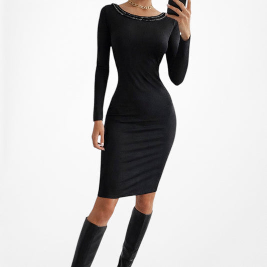 Vintage Y2K Black Long Sleeve Knit Beaded Knee Length Bodycon Dress Size M