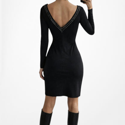 Vintage Y2K Black Long Sleeve Knit Beaded Knee Length Bodycon Dress Size M