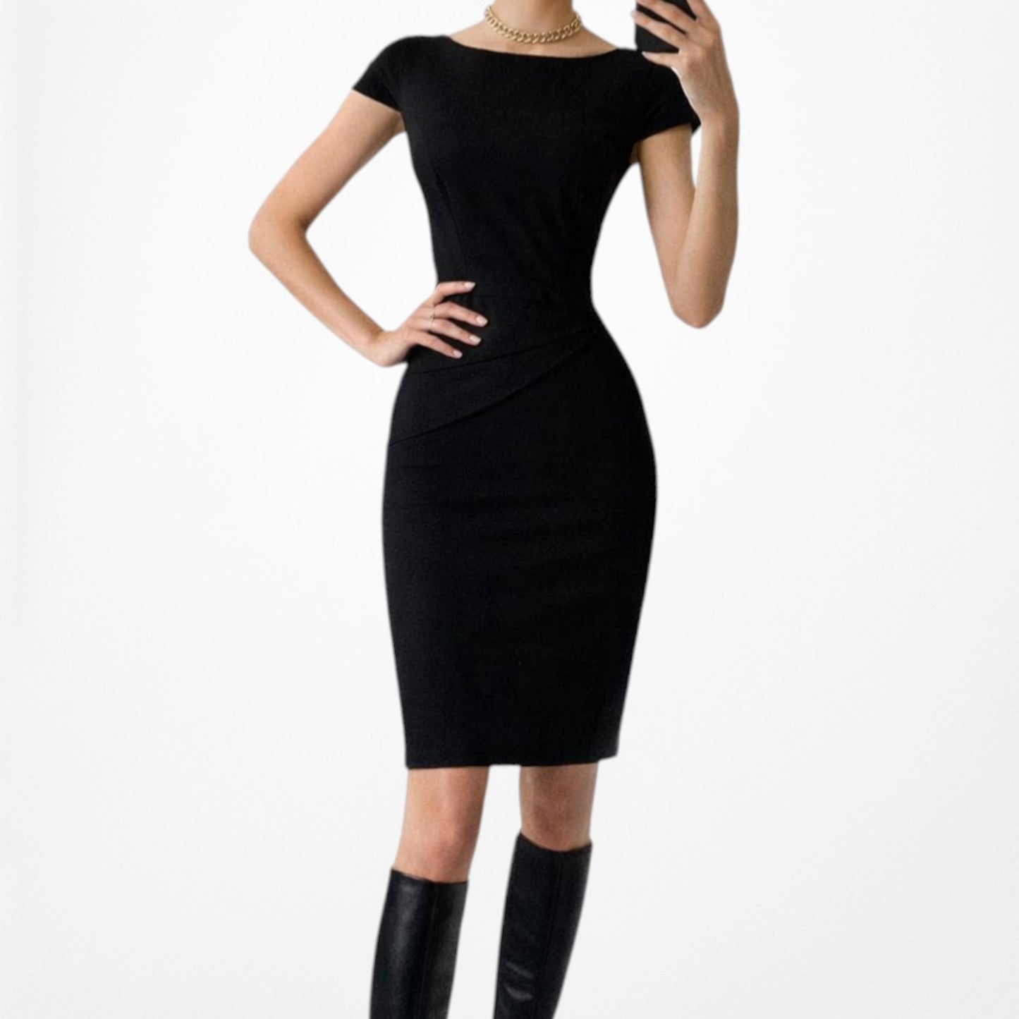 Vintage Y2K Black Capped Sleeve Knee Length Bodycon Dress Size 4/M