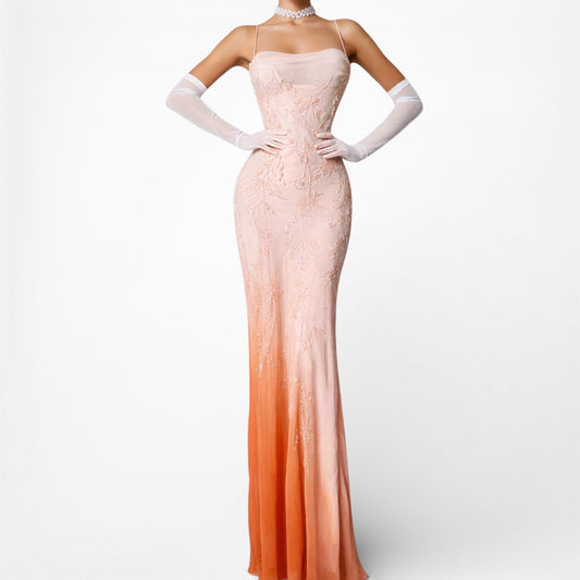 Vintage Orange Ombre Floral Beaded Bodycon Maxi Prom Dress Size XS