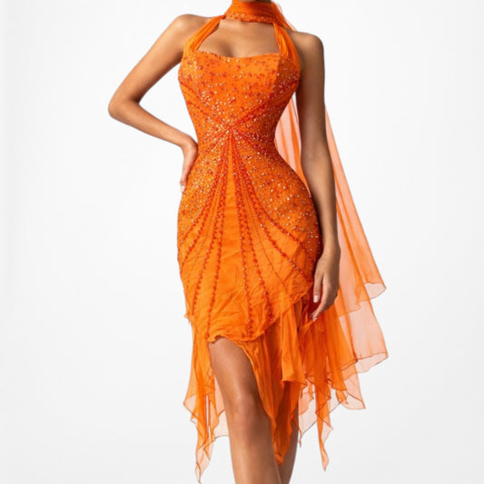 Vintage Orange Silk Beaded Halter Knee Length Ruffle Hem Bodycon Dress Size XS