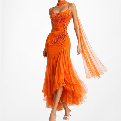 Vintage Orange Silk Floral Applique Beaded Tulle Fit Flared Midi Prom Dress Size S