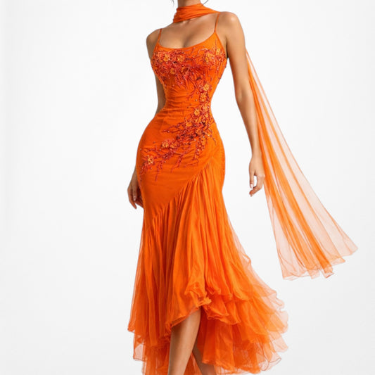 Vintage Orange Silk Floral Applique Beaded Tulle Fit Flared Midi Prom Dress Size S