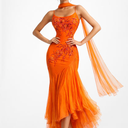 Vintage Orange Silk Floral Applique Beaded Tulle Fit Flared Midi Prom Dress Size S