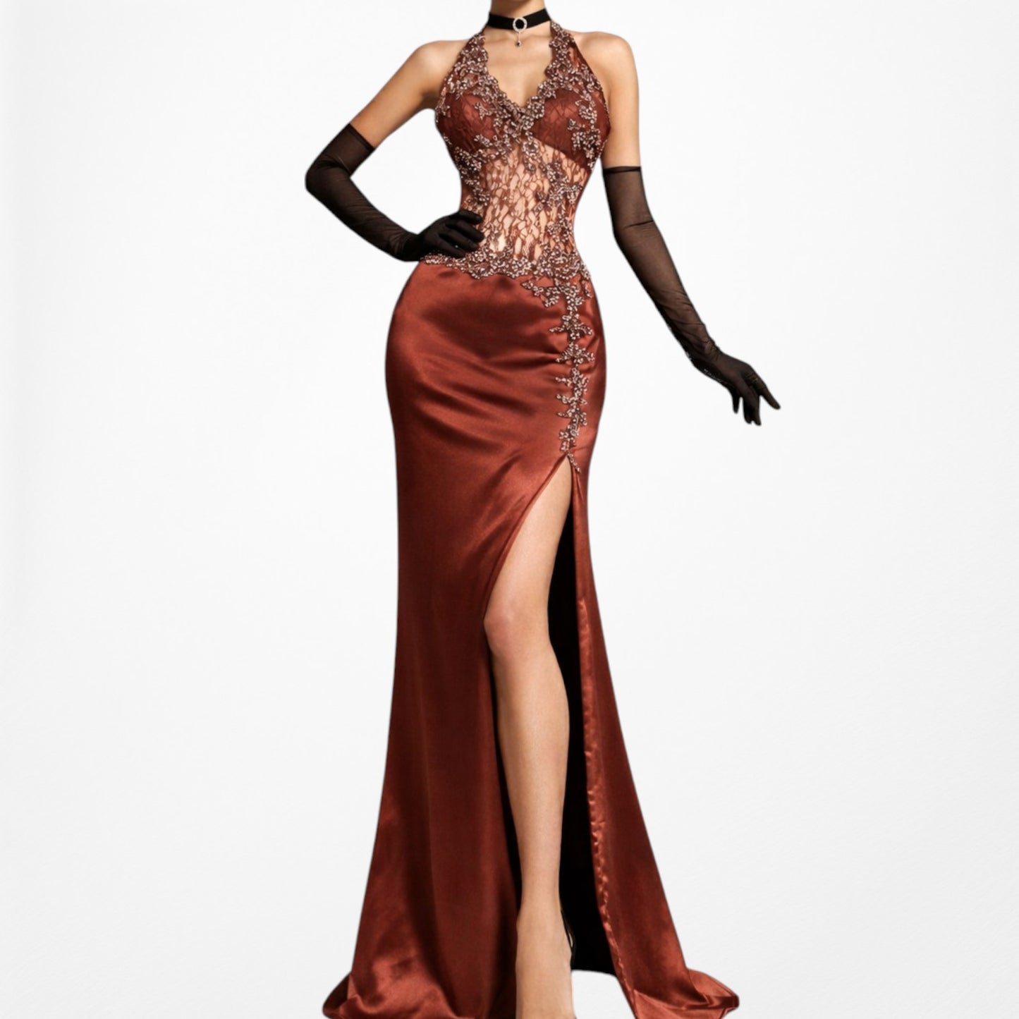 Vintage Y2K Brown Lace Beaded Halter Side Slit Satin Maxi Bodycon Dress Size S