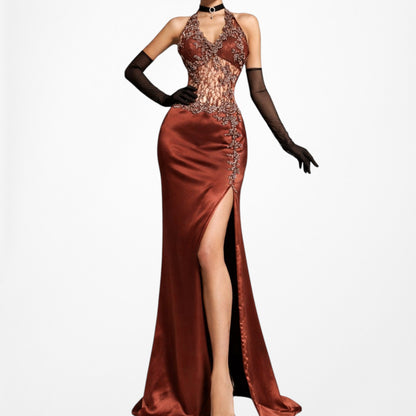 Vintage Y2K Brown Lace Beaded Halter Side Slit Satin Maxi Bodycon Dress Size S