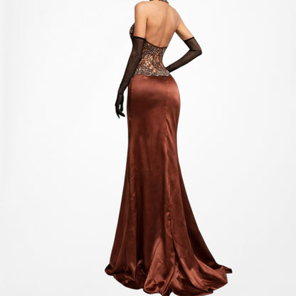 Vintage Y2K Brown Lace Beaded Halter Side Slit Satin Maxi Bodycon Dress Size S