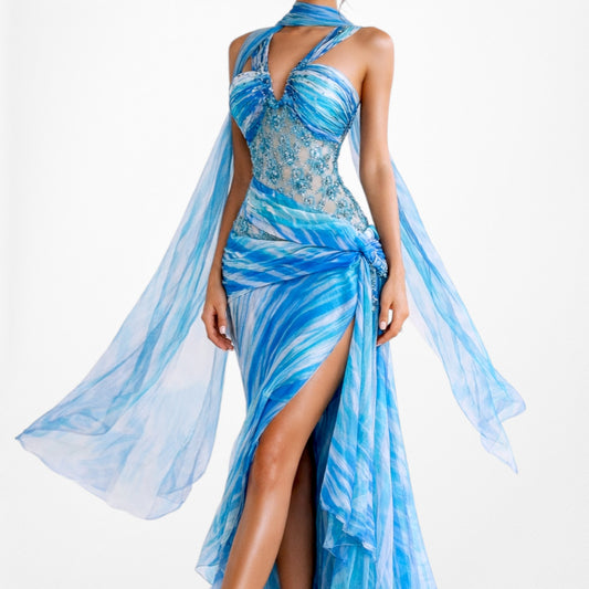 Vintage Y2K Blue Floral Beaded Mesh Asymmetric Ruffle Midi Prom Dress Size L/XL