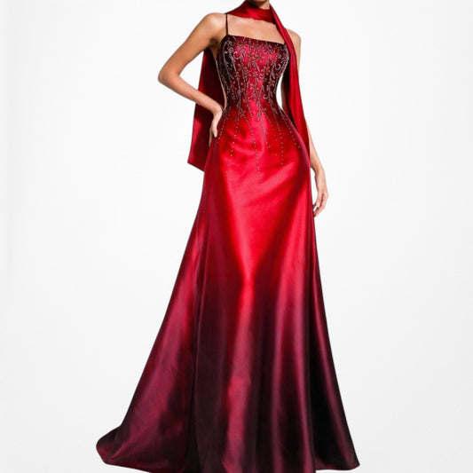 Vintage Burgundy Red Floral Beaded Glitter Ombre Flared Maxi Prom Dress Size M