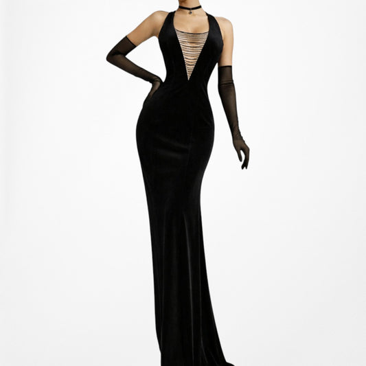 Vintage Black Velvet V-Neck Bodycon Maxi Cocktail Formal Prom Dress Size M/L