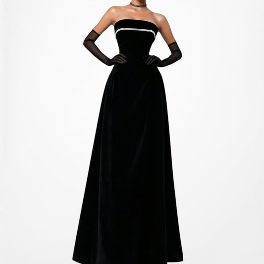 Vintage Black Strapless Rhinestone Embellished Velvet Fit Flared Maxi Formal Dress Size S