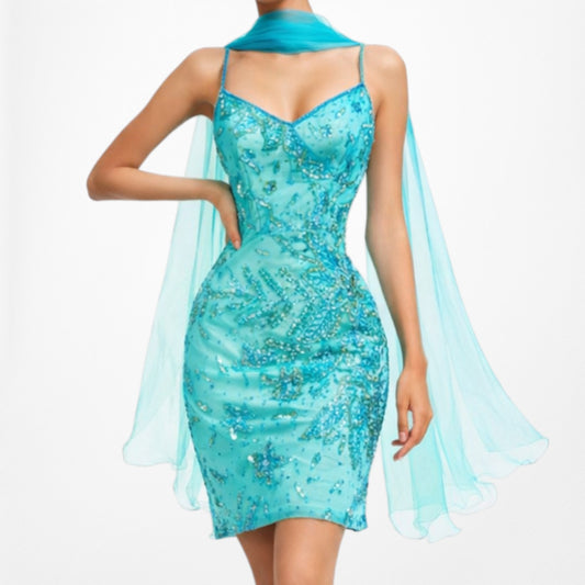 Vintage Blue Silk Floral Beaded Mini Babydoll Bodycon Cocktail Dress Size M/L