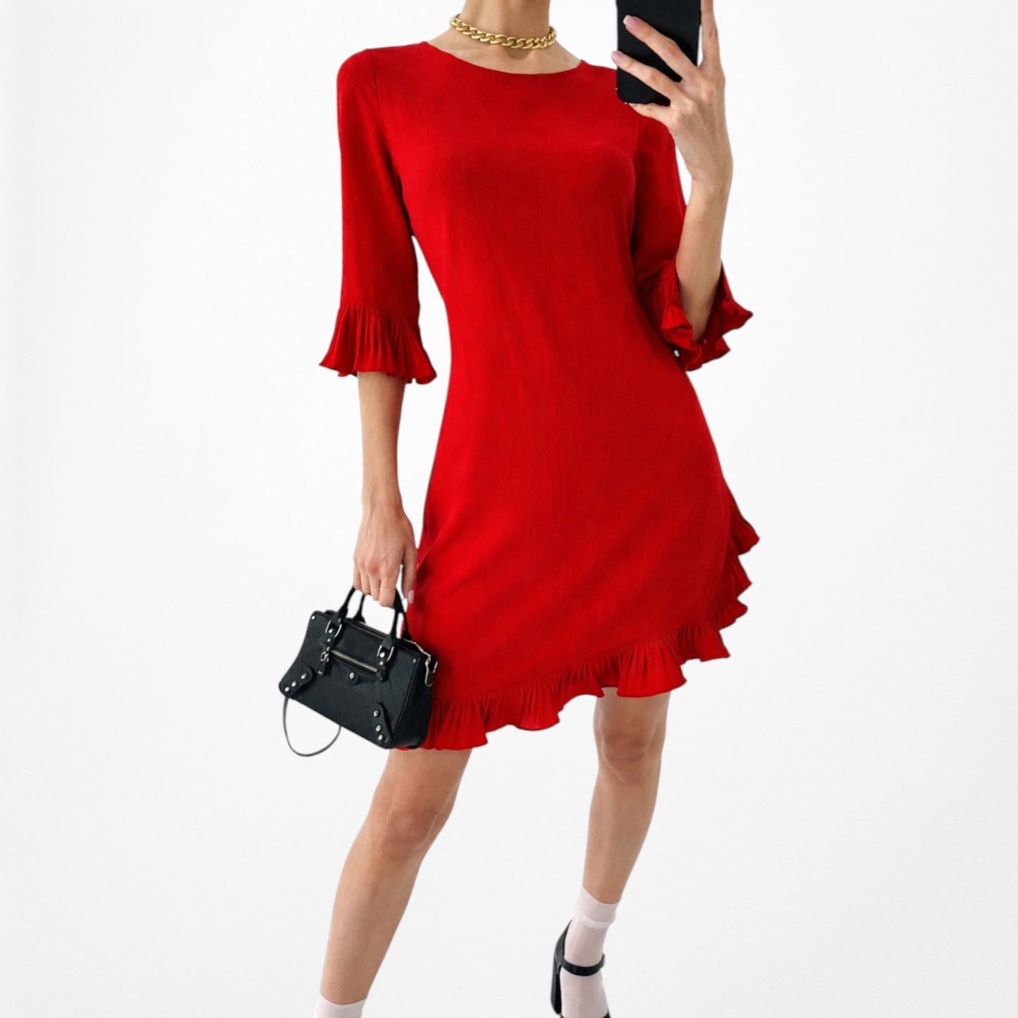 Vintage Y2K Red Knee Length Ruffle Detail Shift Cocktail Dress Size M
