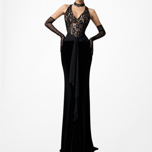 Vintage Y2K Black Velvet Lace Beaded Bodycon Maxi Formal Prom Dress Size S