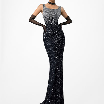 Gray Silk Beaded Maxi Bodycon Slit Formal Prom Dress Size S