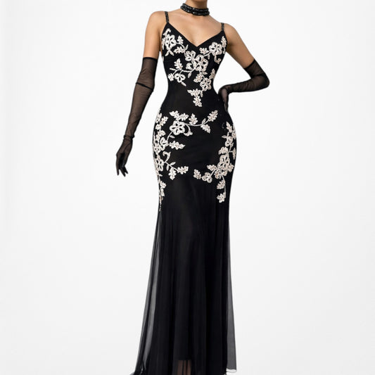 Vintage Brown Floral Mesh Maxi Formal Prom Dress Size S/M