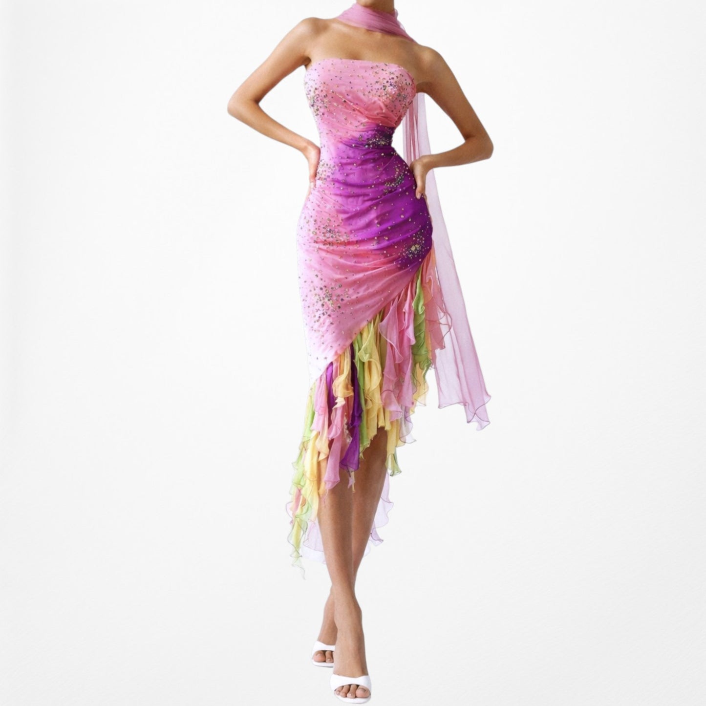 Vintage Pink Strapless Beaded Ruffle Asymmetric High Low Midi Prom Dress Size M