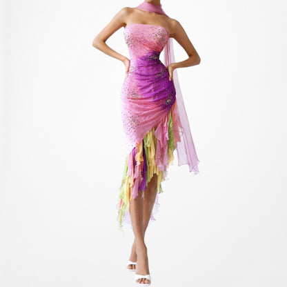 Vintage Pink Strapless Beaded Ruffle Asymmetric High Low Midi Prom Dress Size M