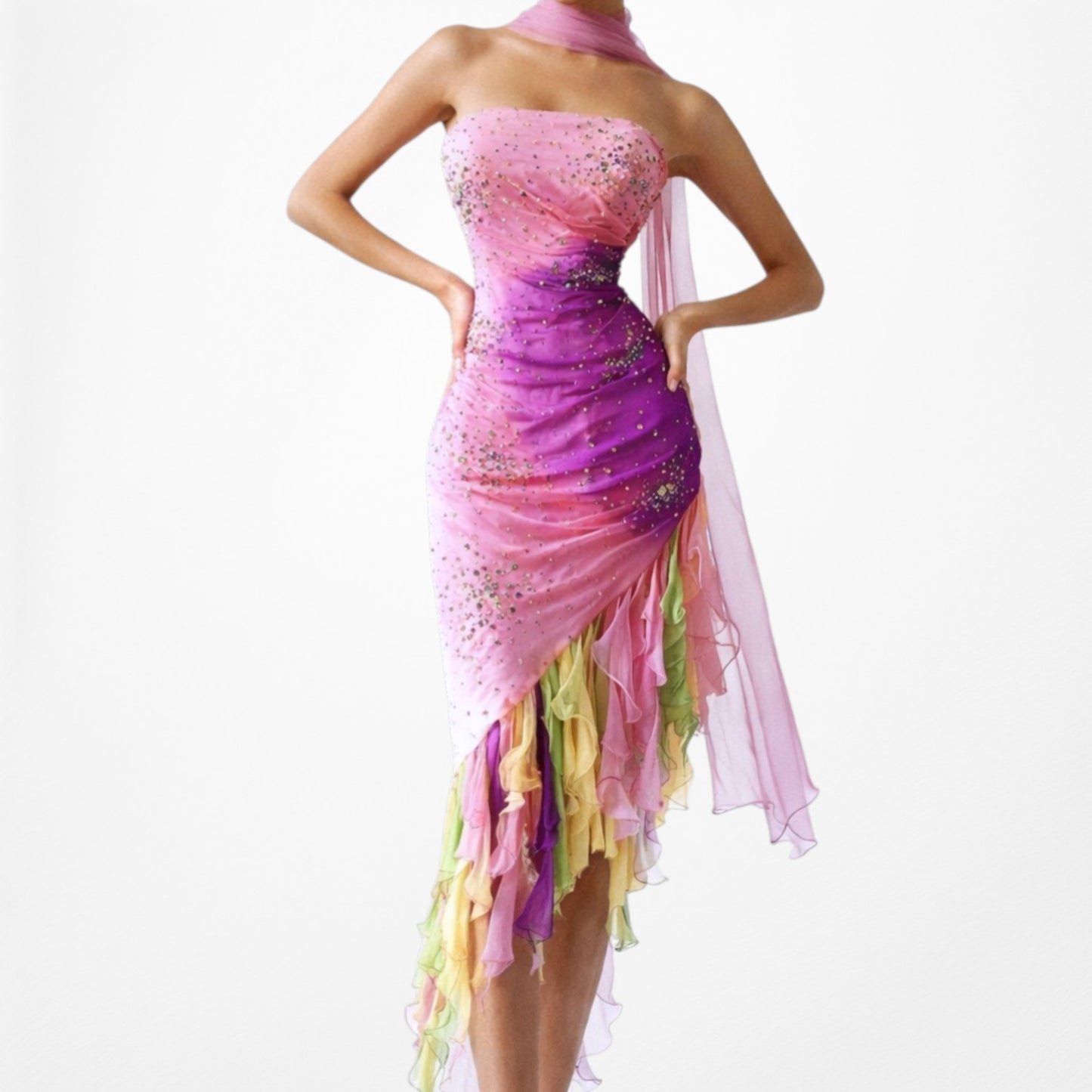 Vintage Pink Strapless Beaded Ruffle Asymmetric High Low Midi Prom Dress Size M