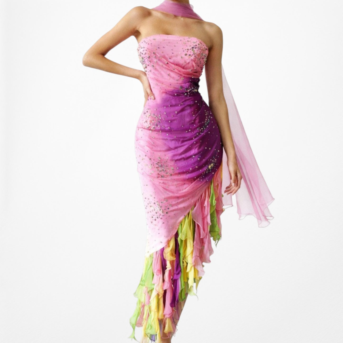 Vintage Pink Strapless Beaded Ruffle Asymmetric High Low Midi Prom Dress Size M